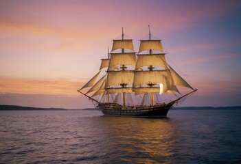 Obraz premium A majestic sailboat floats in the ocean at sunset on the horizon