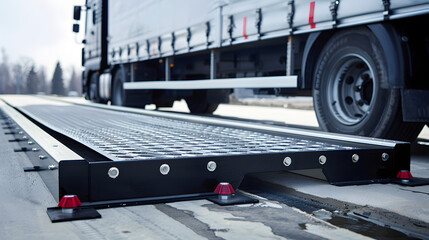 A truck or trailer carrying cargo undergoes a weighing procedure. Neural network AI generated art