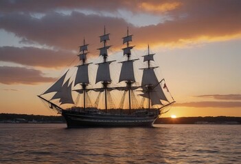 Fototapeta premium A majestic sailboat floats in the ocean at sunset on the horizon