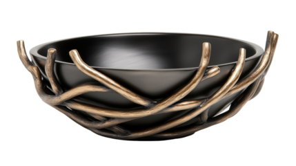 Decorative metal bowl with a branch design. Feature an artistic structure with intertwined metallic branches, adding a natural, elegant touch to the design. Isolated on transparent background, png.