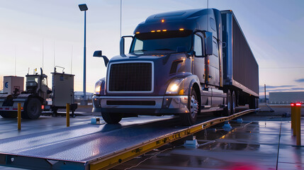 A truck or trailer carrying cargo undergoes a weighing procedure. Neural network AI generated art
