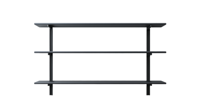 Minimalist metal shelf with a simple design. Feature clean lines and a functional structure, offering an elegant and modern look for storage and display. Isolated on transparent background, png.