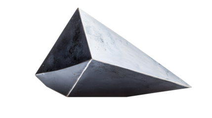 Geometric metal sculpture with sharp angles and clean edges. Showcase abstract, triangular form with a modern, industrial aesthetic and reflective surfaces. Isolated on transparent background, png.