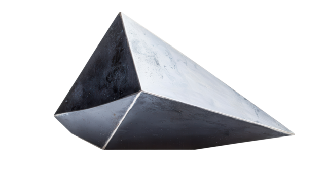 Geometric metal sculpture with sharp angles and clean edges. Showcase abstract, triangular form with a modern, industrial aesthetic and reflective surfaces. Isolated on transparent background, png.