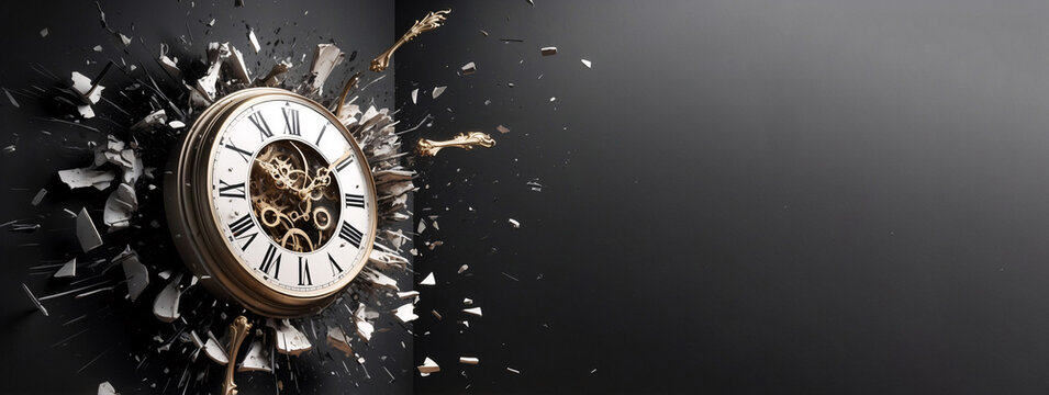 A realistic wall clock with Roman numerals and ornate hands is exploding. Banner with copy space