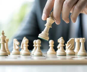 A hand moves a chess piece on a wooden board, showcasing a strategic game in progress with a focus on the king piece.