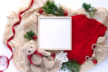 Christmas baby announcement template, square wooden frame mockup, flat lay composition with red...