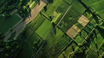Fototapeta premium A breathtaking aerial view of a sprawling patchwork quilt of green and yellow fields, showcasing the beauty of rural farmland.