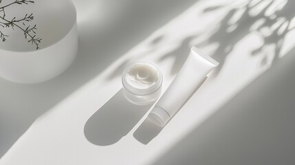 A white cream tube with soft shadows next to a small glass dish holding a portion of cream, showcasing a minimalist and elegant skincare concept on a clean white surface.