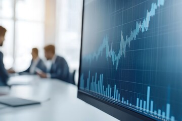 A close-up of a computer screen displaying financial data and trends, with blurred figures of professionals in business attire in the background.