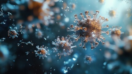 Microscopic view of coronavirus cells floating and spreading through the air