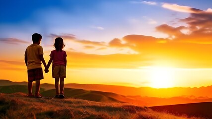 Two children walking together on a hill during sunset sharing a peaceful moment as they enjoy the beauty of nature friendship and the golden light of the setting sun