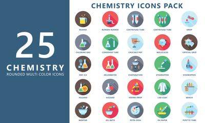 Chemistry rounded multi color icons set, contain atom, flask, beaker, tube, drop, mortar, hazard, erlenmeyer and more. vector EPS 10. use for UI, UX, app and web development. for industry, education.