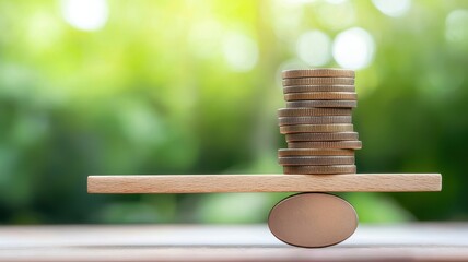 Coins balanced on a wooden plank symbolizing investment and financial stability.