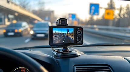 Modern car camcorder recording traffic situations, mounted on a dashboard with a clear view of the road through the windshield.