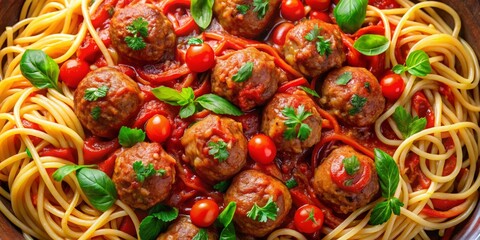 Fototapeta premium Vibrant spaghetti and meatballs clipart, perfect for food-themed designs, menus, and culinary artwork. Bring your