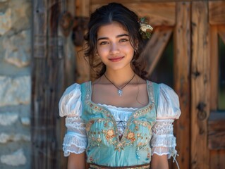 Fototapeta premium Elegant Traditional Style: Young woman in blue dirndl, countryside backdrop. 