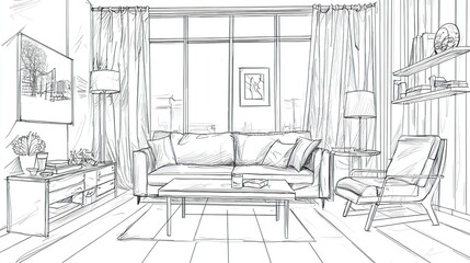 Hand-drawn sketch of a living room interior with a couch, armchair, coffee table, and a window.