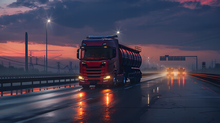 A large truck with a tank for transporting petroleum products on the highway in the evening. AI Generated