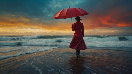 beautiful woman with umbrella on the beach