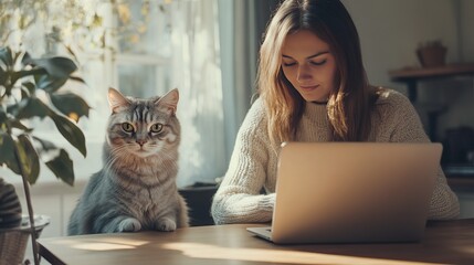 Fototapeta premium Cat portrait on the dining table at home, with the woman using a laptop 