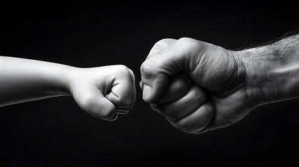 Two fists, one small and one large, facing each other in a gesture of confrontation or challenge.
