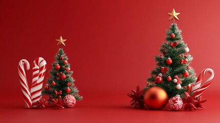 Isolated red and gold Christmas ball on green fir tree branch with pine needles, perfect for holiday decoration or celebration