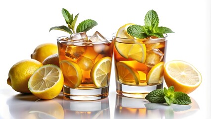 Fototapeta premium Two Glasses of Refreshing Iced Tea with Lemon Slices and Mint Leaves, Perfect for a Hot Day
