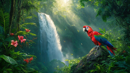 Brilliantly Colored Bird in a Majestic Waterfall Setting