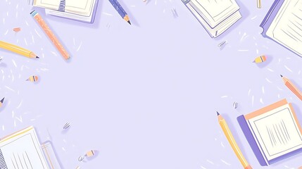 Flat lay of a desk with notebooks, pencils, and erasers, with copy space in the center.