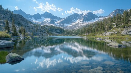Fototapeta premium A breathtaking view of a secluded, pristine alpine lake with crystal-clear waters and surrounded by dense forest and snow-capped peaks. The serene reflection of the landscape in the still waters
