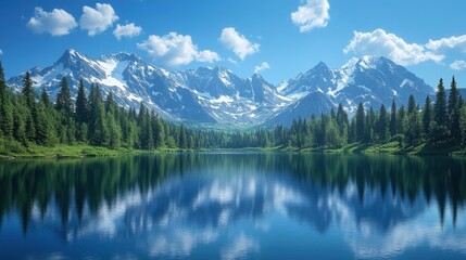 A breathtaking view of a secluded, pristine alpine lake with crystal-clear waters and surrounded by dense forest and snow-capped peaks. The serene reflection of the landscape in the still waters