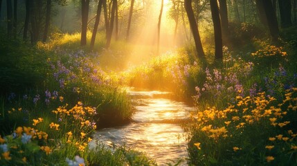 Naklejka premium A picturesque photograph of a hidden, unspoiled forest clearing with a gently flowing stream and vibrant wildflowers. The sunlight filtering through the dense canopy creates a warm, golden light that