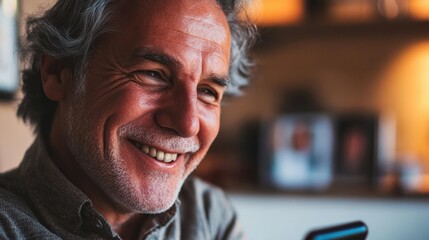 Close-up of a grey-haired man looking at photos on his phone, reminiscing about fond memories with a smile.
