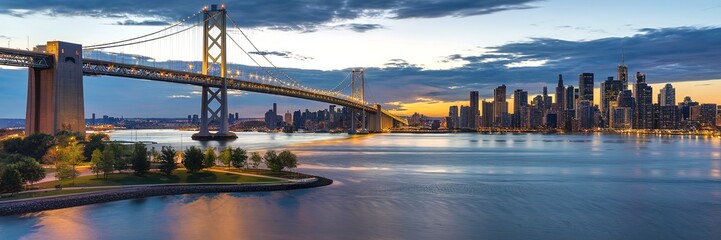 Obraz premium A picturesque evening view of a city skyline, dominated by a large suspension bridge that spans across a body