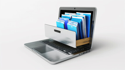 A laptop with a folder open on the screen. The folder is full of blue files