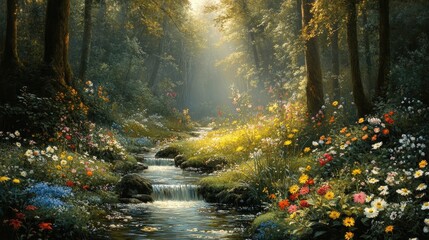Obraz premium A breathtaking view of a hidden, serene forest glade with a gently flowing stream and vibrant wildflowers. The dappled sunlight filtering through the dense canopy creates a warm, golden light that
