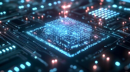 Fototapeta premium Neural circuit and electronic cyber brain in a quantum computing system, showcasing artificial intelligence technology, biotechnology integration, and machine learning.