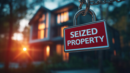 Seized property sign hanging in front of house at sunset, indicating foreclosure
