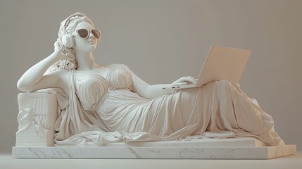 A marble sculpture of a reclining female figure wearing sunglasses, casually using a laptop, blending classical art with modern technology.