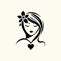 Elegant Charm Black Logo with a Woman's Face Iconic Simplicity Vector Icon of Black Female Face. beautiful floral girl with love sign icon logo