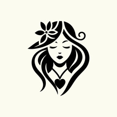 Elegant Charm Black Logo with a Woman's Face Iconic Simplicity Vector Icon of Black Female Face. beautiful floral girl with love sign icon logo