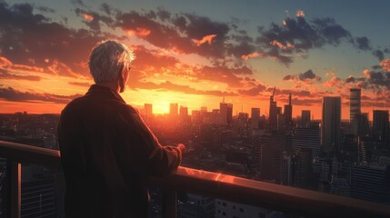 Grey-haired man standing on a balcony, gazing at the city skyline as the sun sets in the background.