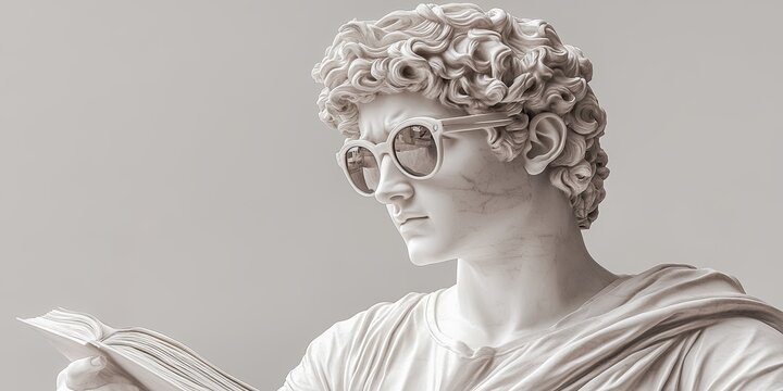 A classical statue reading a book, wearing stylish round sunglasses, combining traditional artistry with a modern twist.