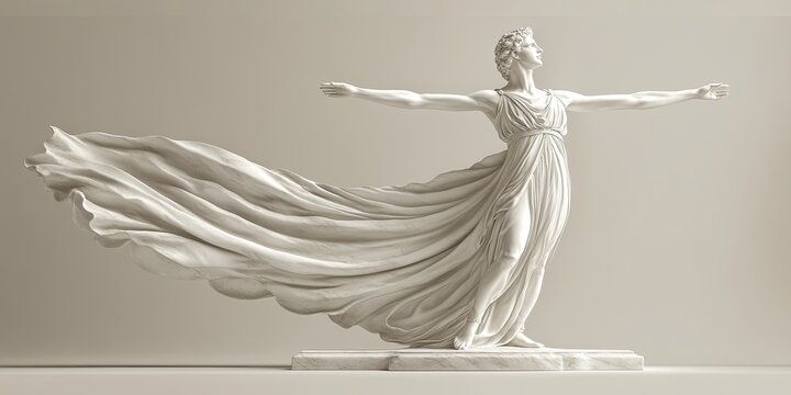 Eternal Grace: A flowing white statue of a woman with outstretched arms, embodying elegance and freedom against a minimalist backdrop. 