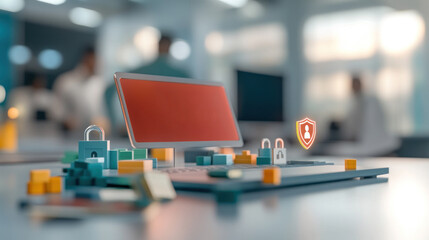 A computer monitor with a red screen and a security symbol.