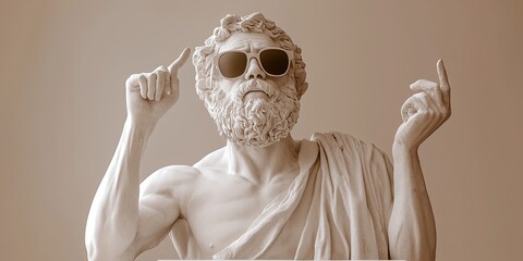 Philosopher's Sunglasses: A humorous and ironic photo of a classic marble sculpture of a philosopher wearing sunglasses, conveying a playful take on wisdom, knowledge, and the intersection of art and 