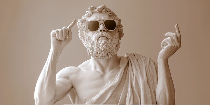 Philosopher's Sunglasses: A humorous and ironic photo of a classic marble sculpture of a philosopher wearing sunglasses, conveying a playful take on wisdom, knowledge, and the intersection of art and 