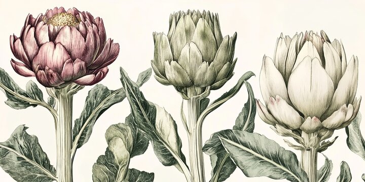 Botanical Elegance: A trio of artichoke blossoms in shades of blush, green, and white grace a vintage botanical print, showcasing their intricate details with delicate artistry.  