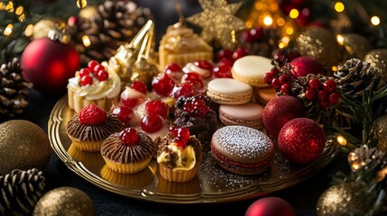 Festive Christmas Dessert Platter with Assorted Sweets and Seasonal Decorations on Dark Background .